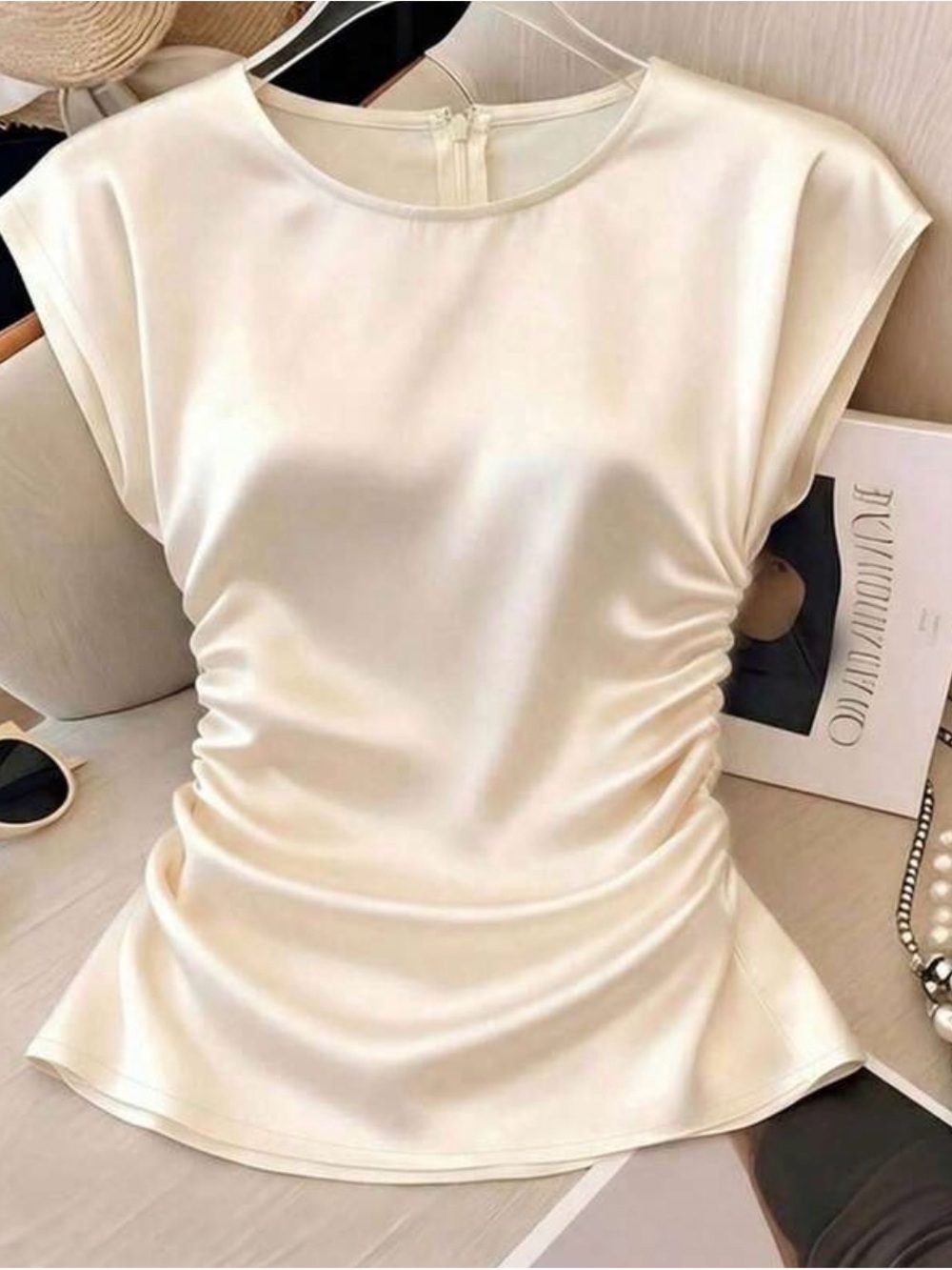 SHEIN Cream Satin Ruched Cap-Sleeve Blouse